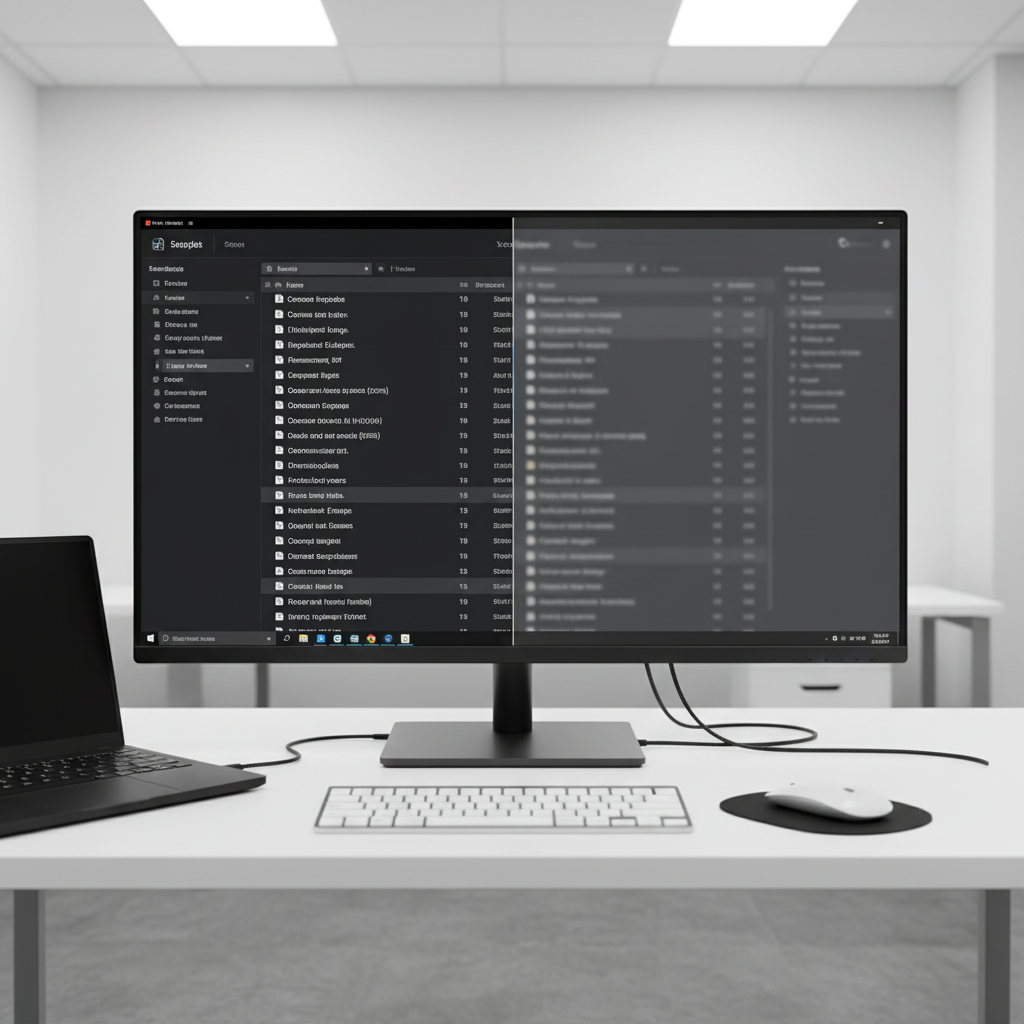 A comparison showing a high-resolution monitor with sharp text on one side and blurred text on the other in a professional office setup.