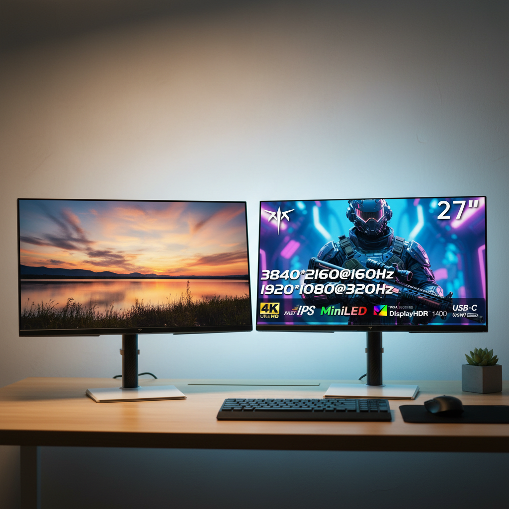 A professional dual-monitor desk setup showing a side-by-side comparison of an uncalibrated screen with a yellow tint versus a perfectly color-matched screen, both displaying a vibrant mountain sunset.