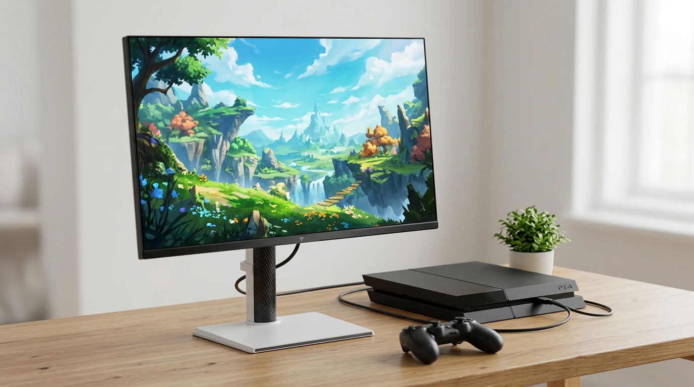 PS4 connected to a 4K gaming monitor on a desk setup