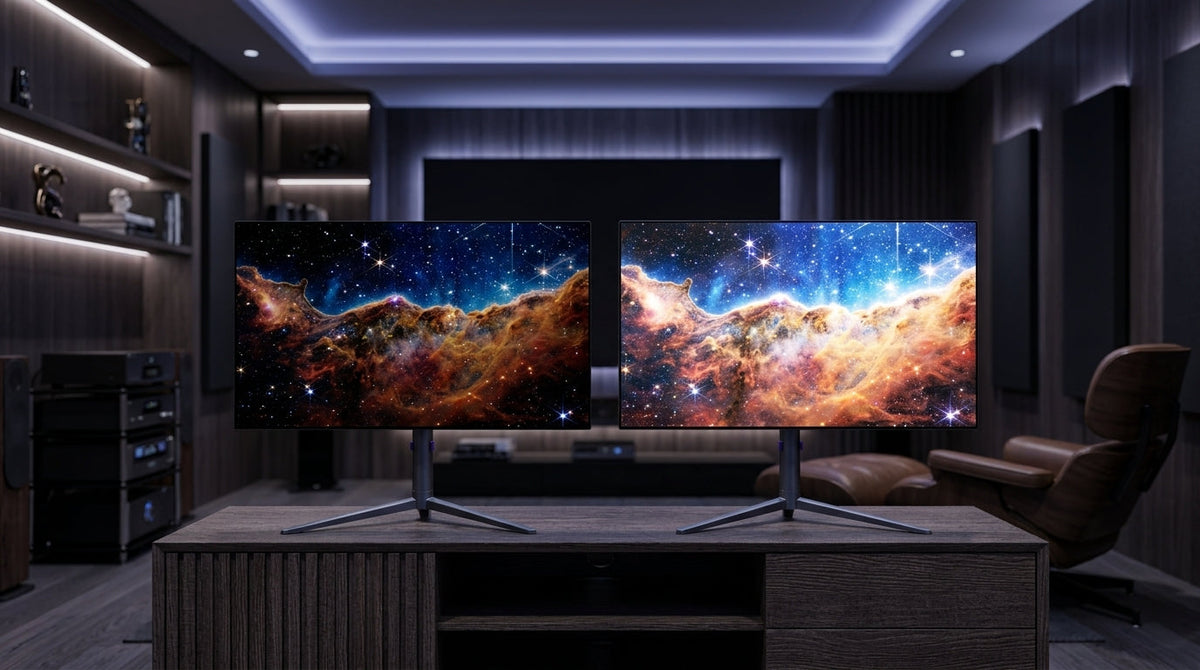 A side-by-side comparison of an OLED monitor and a Mini LED monitor in a dark home cinema setting, displaying a high-contrast starfield scene to highlight differences in black levels and peak brightness.