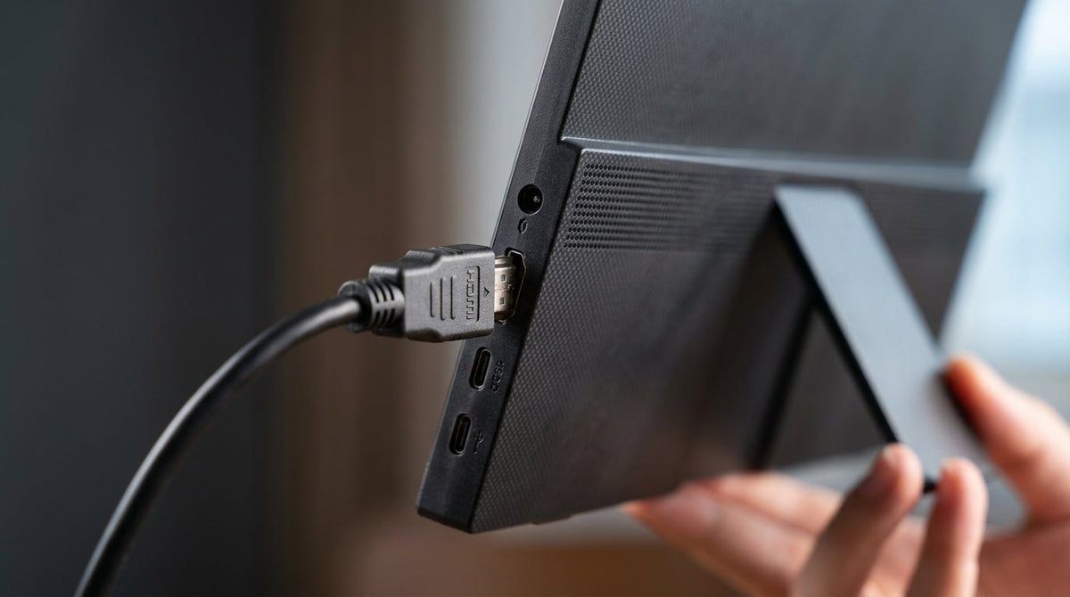 A close-up shot of the side ports of a slim portable monitor with an HDMI cable being connected.