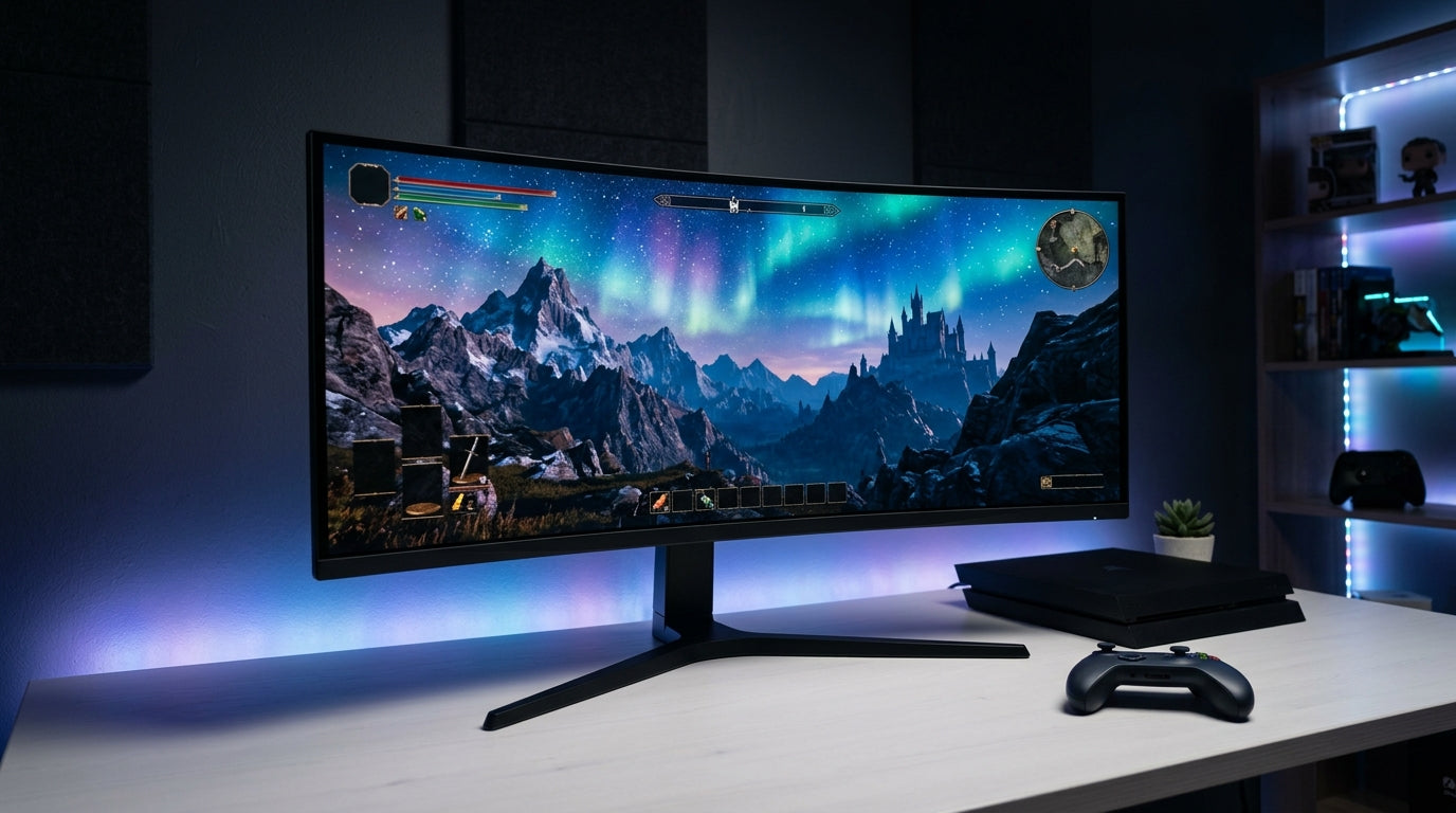 A sleek ultrawide curved gaming monitor on a clean desk setup with a game console and controller nearby, featuring vibrant ambient lighting.