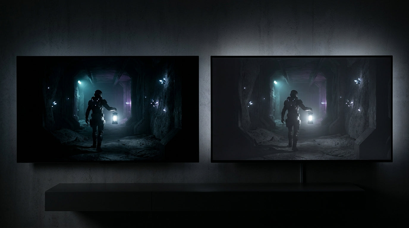 Perceived contrast comparison between OLED true black and high-nit LCD in a dark game scene