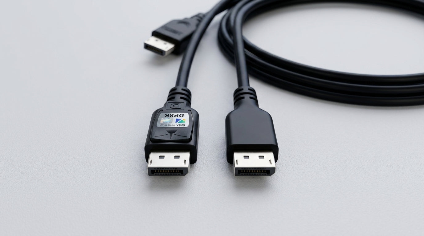 Comparison of VESA-certified and generic display cables with visible certification markings