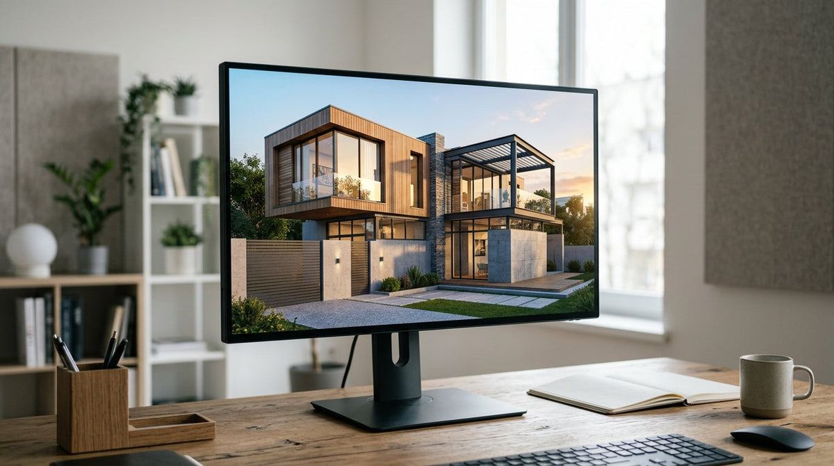 A 27-inch 4K Mini-LED monitor showing a detailed architectural rendering with accurate lighting and material textures