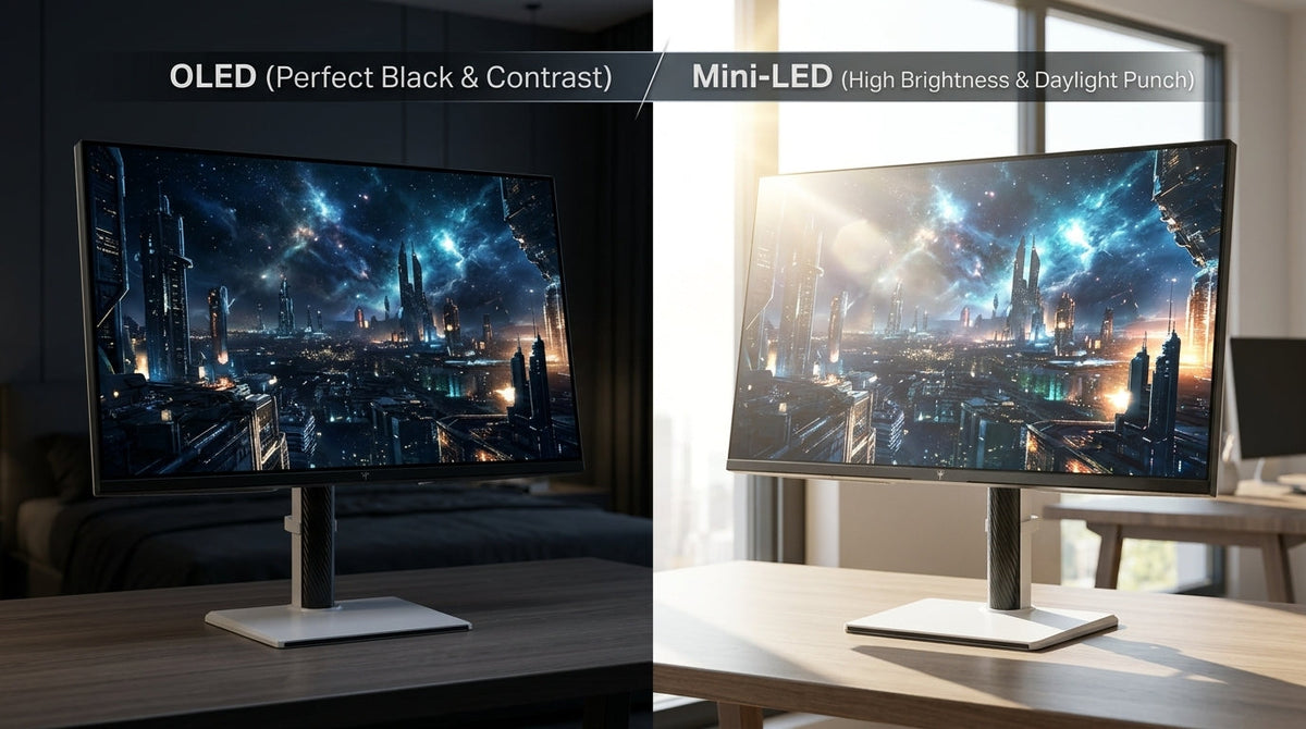 Side-by-side comparison of OLED deep blacks in a dark room versus Mini-LED brightness overcoming sunlight glare