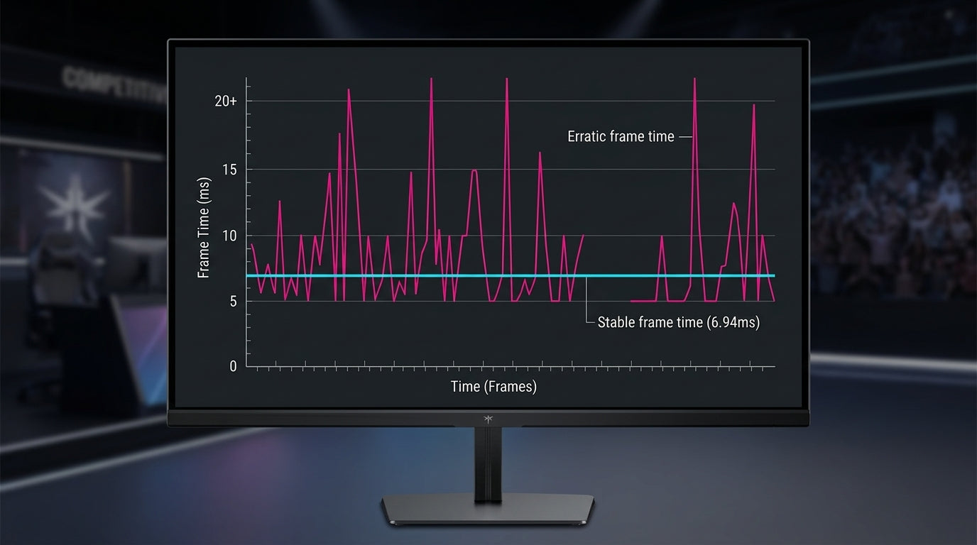 Frame time stability chart showing steady vs erratic pacing at 144Hz