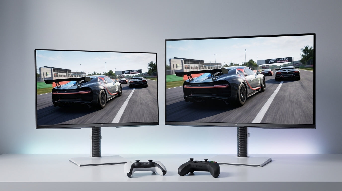 27-inch and 32-inch 4K gaming monitors side-by-side with console controllers on a desk