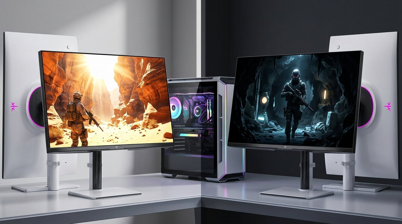 A side-by-side comparison of a bright HDR Mini-LED gaming monitor displaying vibrant neon highlights and an OLED gaming monitor displaying perfect black levels in a dark cinematic scene, part of a high-end PC setup.