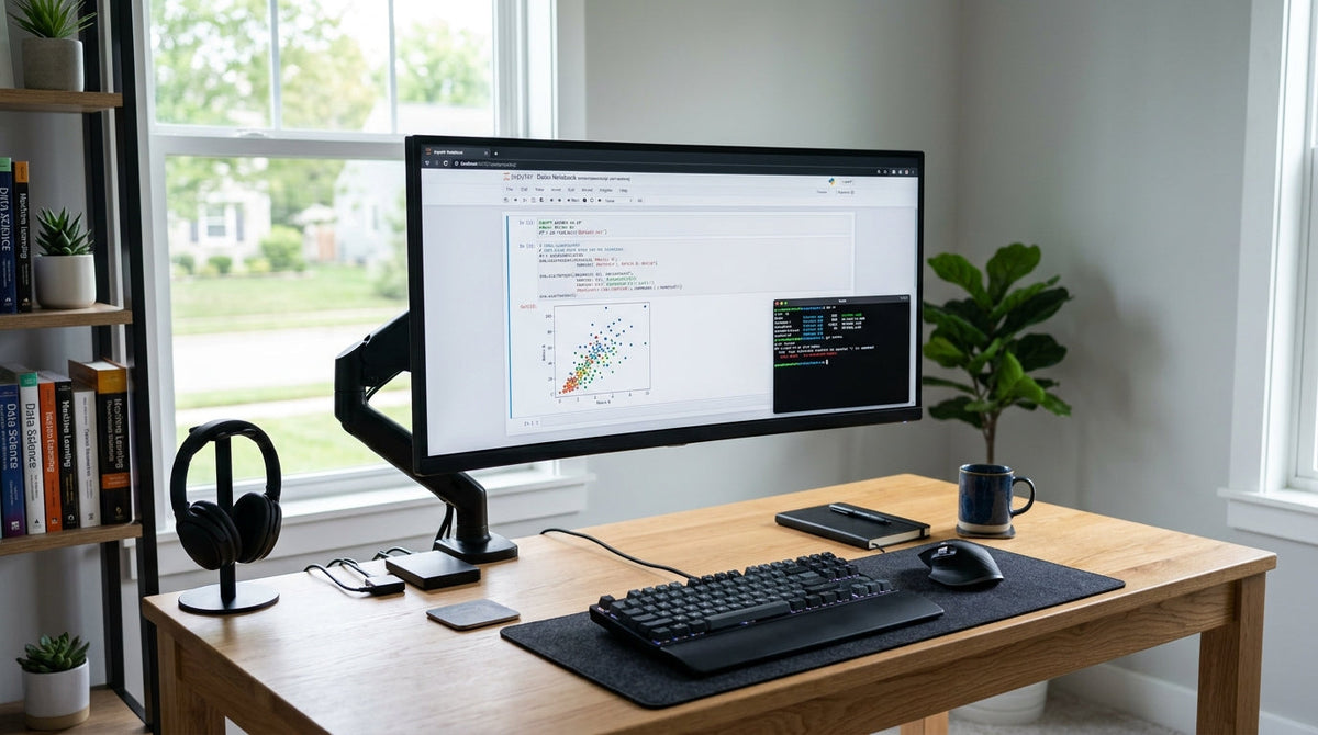 A professional data science workspace featuring a high-resolution 4K monitor displaying code, data plots, and terminal logs in a modern home office.