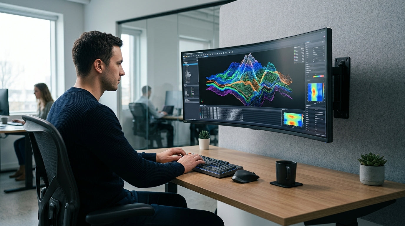 A professional workstation with a large curved ultrawide monitor displaying 3D point cloud data in a modern office.