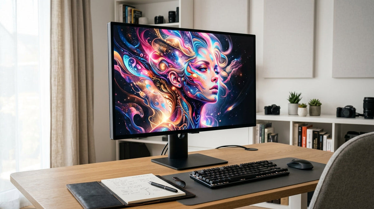 A modern AI artist's workspace featuring a high-end monitor displaying a vibrant, surreal abstract portrait, with a keyboard and handwritten notes on a clean desk under soft studio lighting.