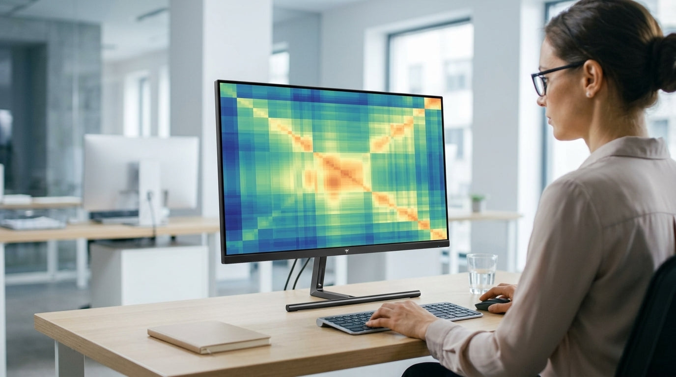 A professional data scientist at a clean, minimalist workstation in a bright office, viewing a complex heatmap with smooth color gradients on a high-resolution monitor.