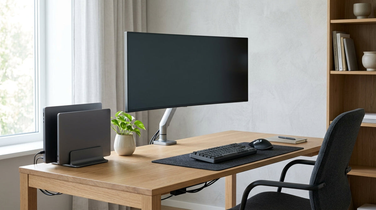 A professional home office setup featuring a large monitor and three laptops in vertical stands on a clean desk.