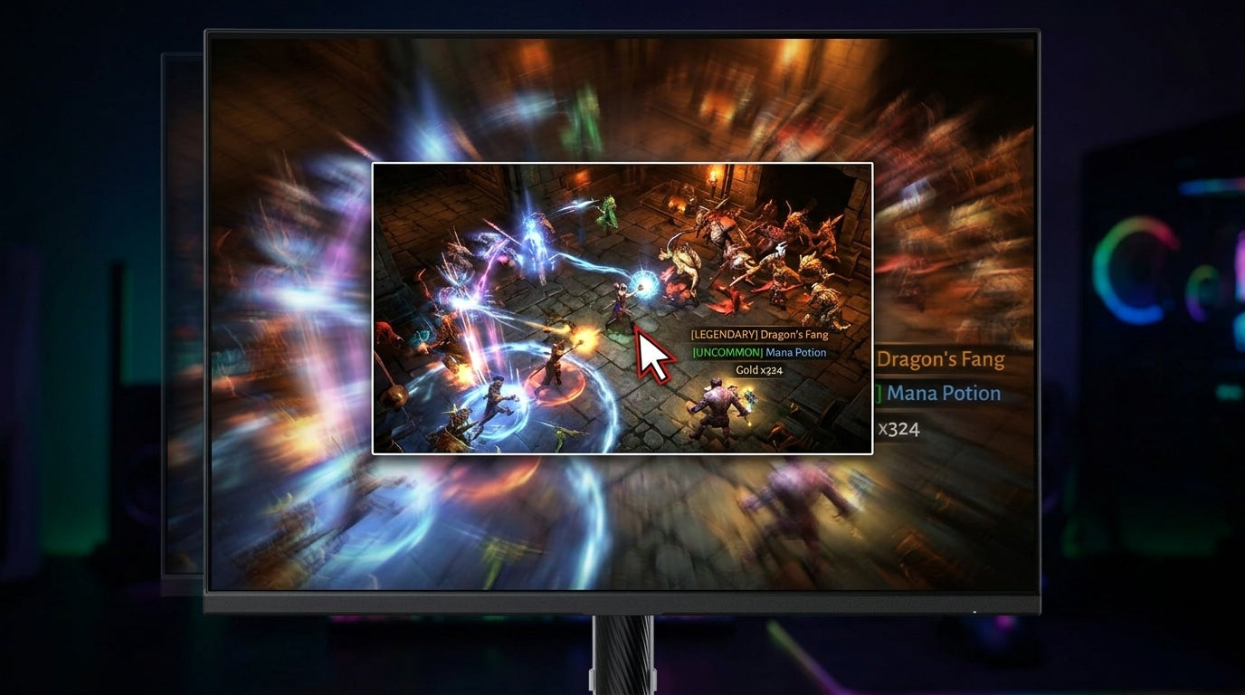 A comparison of ARPG gameplay clarity: a motion-blurred background of a chaotic battle is contrasted by a sharp, clear rectangular overlay showing a distinct cursor and legible item labels.