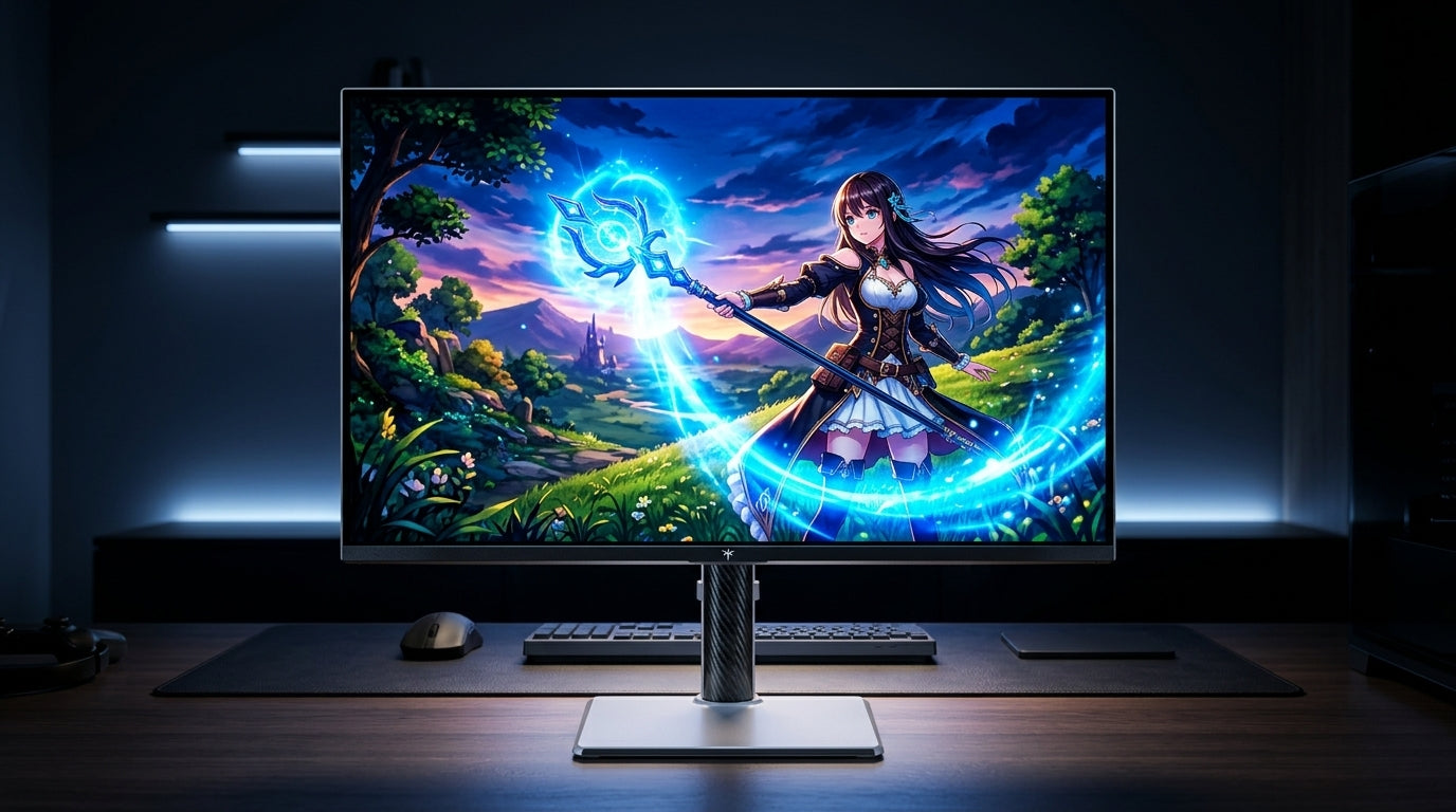 A premium Quantum Dot gaming monitor displaying a vibrant JRPG fantasy world with anime characters and glowing magical effects in a dark, immersive room.