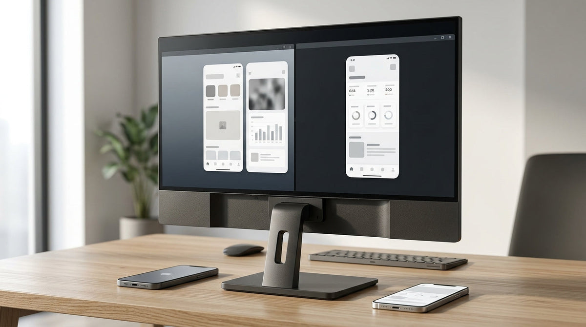 A smart monitor on a desk with two smartphones nearby, both wirelessly mirroring their screens to the monitor in a modern tech office setting.