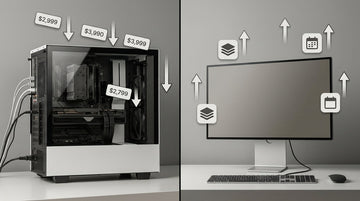 A split-view comparison between a high-end gaming PC with a dedicated GPU and a cloud gaming setup on a sleek monitor, illustrating the economic differences over three years.