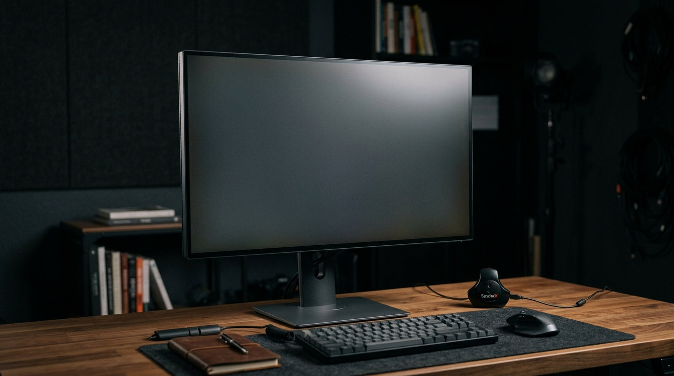 A professional monitor on a clean desk showing subtle screen aging effects like minor brightness gradients and uniformity shifts, with a colorimeter tool nearby in a professional studio setting.