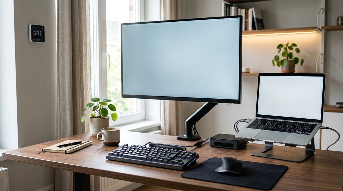 A modern hybrid home office setup with a large central monitor, a laptop, and a desktop computer integrated with subtle smart home controls.