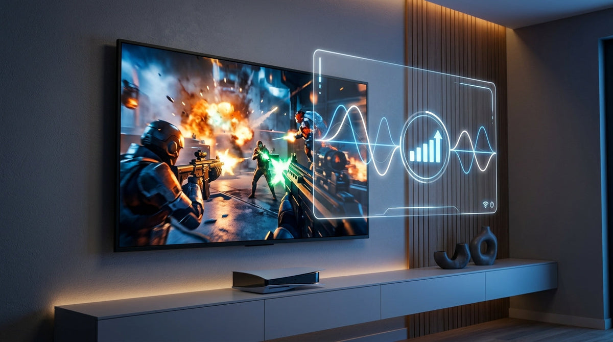 A premium 4K smart display in a modern living room showing a cloud gaming session with a holographic network speed visualization.