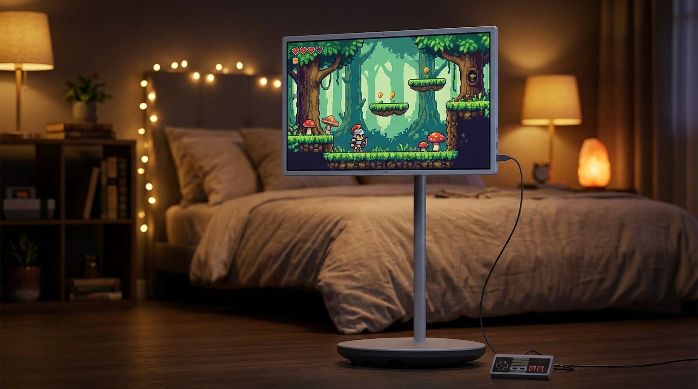 A large smart display on a floor stand in a cozy bedroom, displaying a vibrant pixel-art retro game with a USB controller connected.