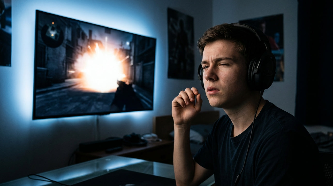 Gamer reacting to sudden brightness flash in a dark competitive FPS map