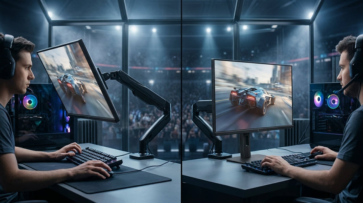 A side-by-side comparison of two professional gaming setups: one optimized for a claw-grip gamer with the monitor positioned close and tilted, and another for a palm-grip gamer with the monitor at a standard distance and neutral angle.