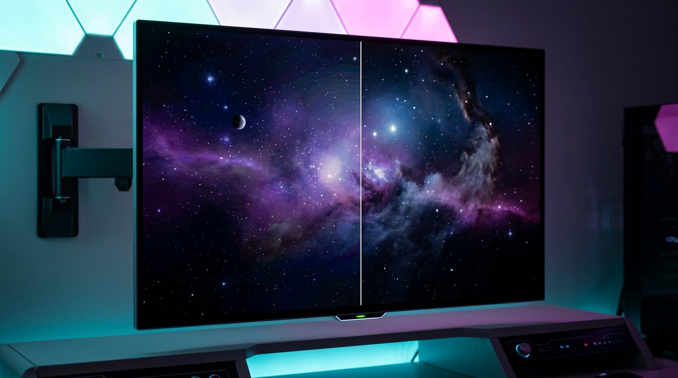 A side-by-side comparison of a space gaming scene on a premium monitor, showing visible color banding on the left and a smooth 10-bit HDR gradient on the right.