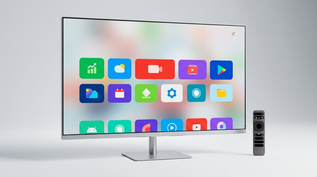 A modern 32-inch smart monitor on a professional desk, showing a minimalist smart TV interface with a small update notification icon.