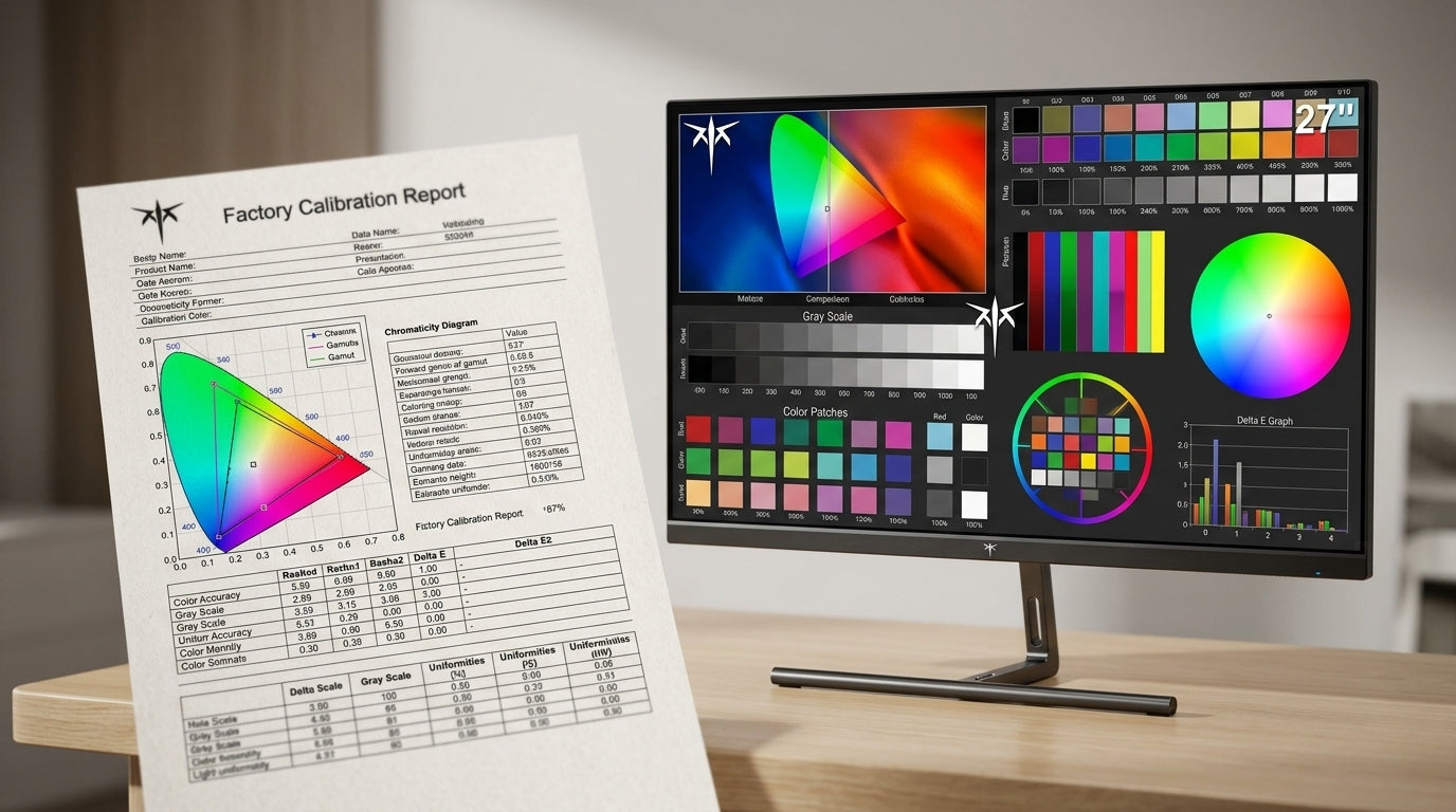 A professional side-by-side shot of a high-performance computer monitor and its factory calibration report sheet, featuring color accuracy graphs and charts.