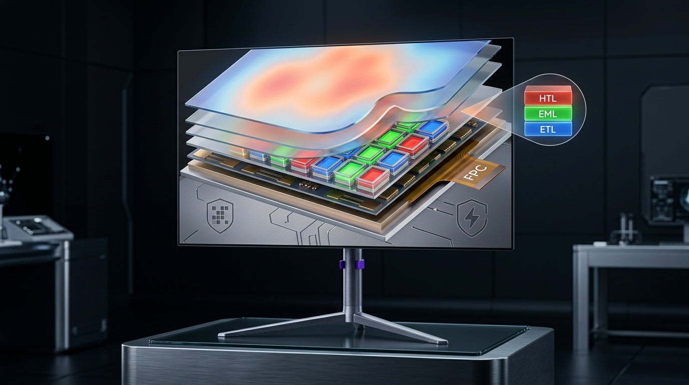 A technical cross-section visualization of an OLED panel showing subpixel layers with a subtle heat map and abstract icons representing pixel-shift technology.