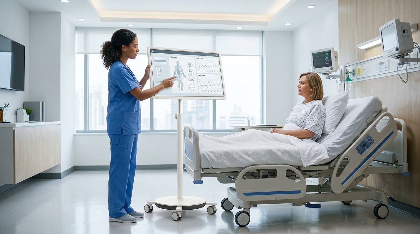 A nurse using a rolling smart display for patient engagement in a modern hospital room.