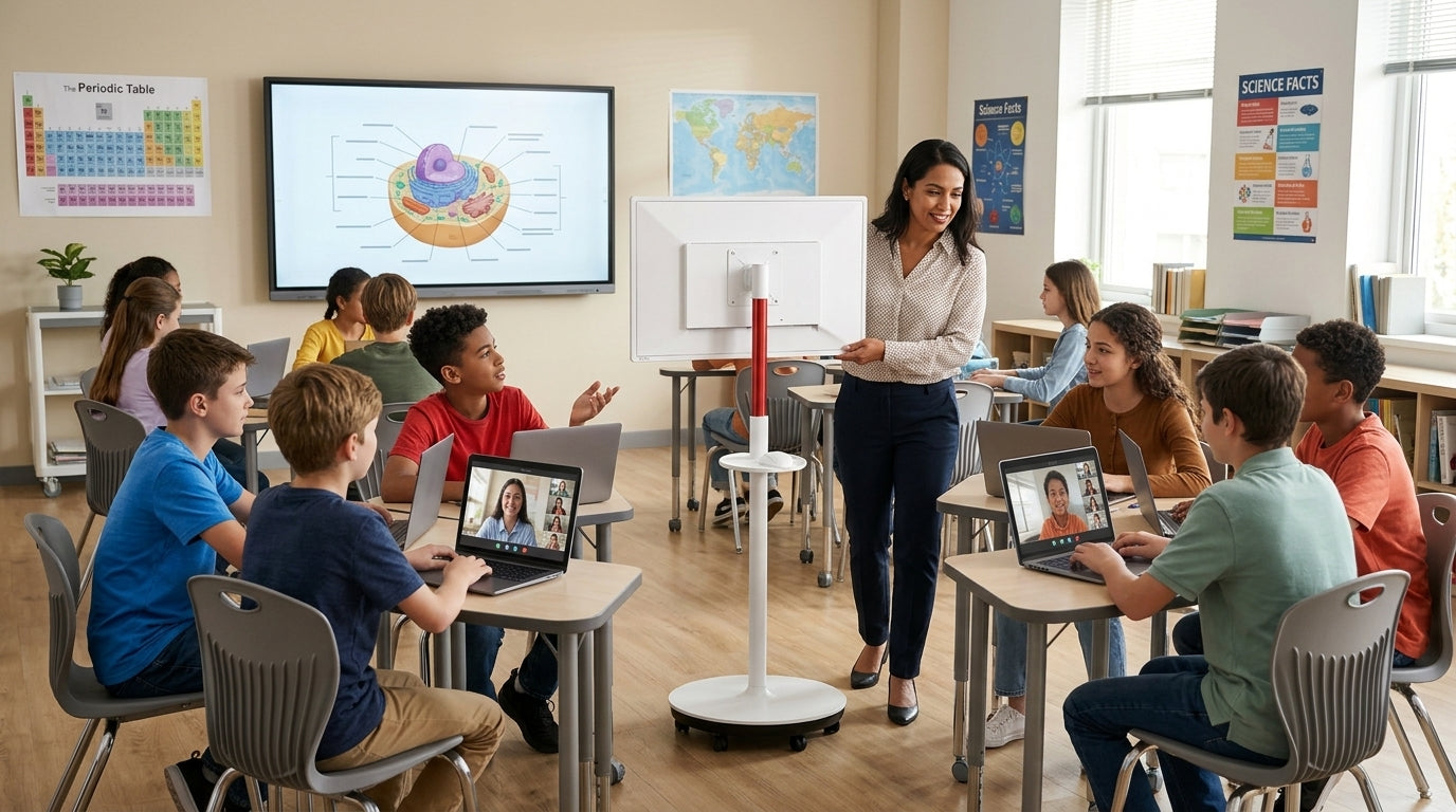 A modern hybrid classroom with a teacher using a rolling 32-inch Google EDLA smart display for small group instruction while a larger fixed screen handles whole-class presentation