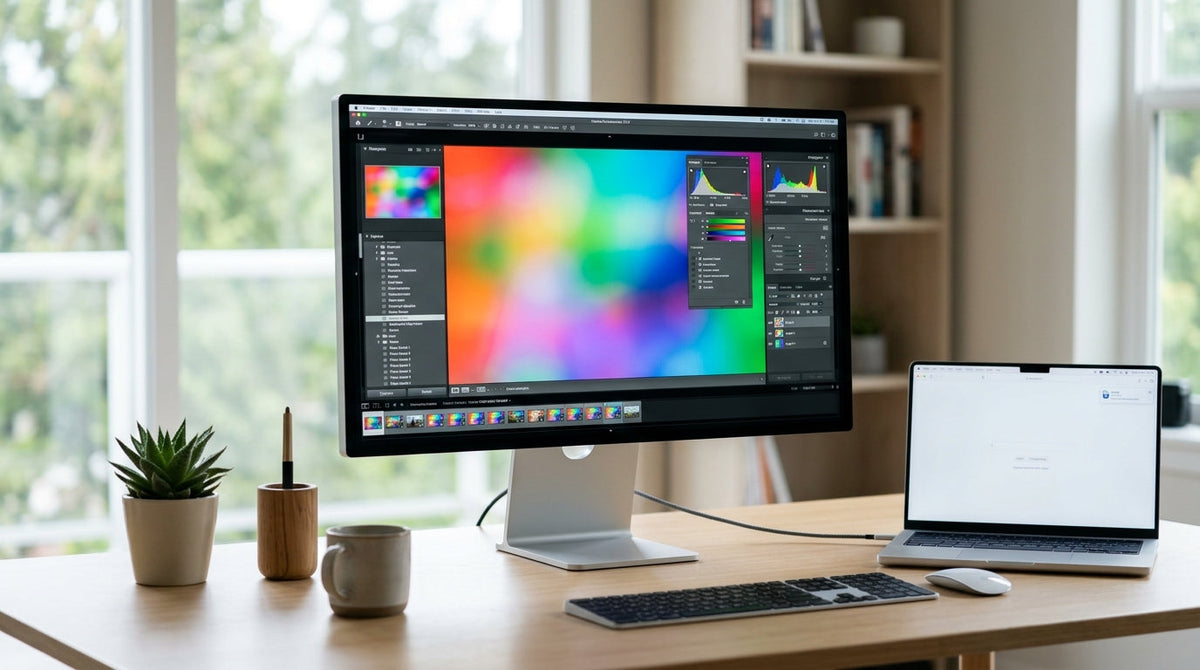 A professional workspace featuring a high-resolution monitor on a minimalist desk, with a laptop connected and creative design software on screen.