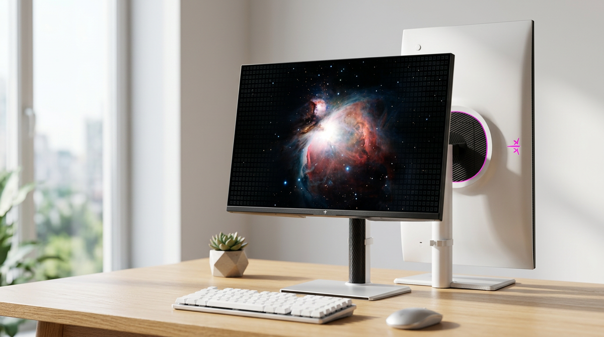 A high-end 27-inch Mini-LED gaming monitor in a modern creative workspace with bright natural window light, displaying a crisp HDR image with a subtle local dimming zone grid.