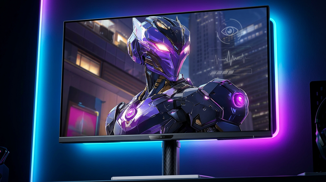 Close-up of a high-end gaming monitor with biometric HUD overlays