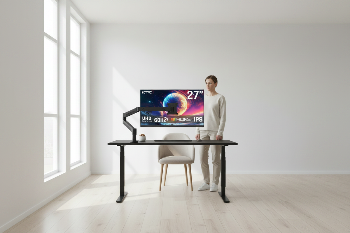 A person working at a modern height-adjustable standing desk in a bright, minimal home office with a monitor mounted on a gas-spring arm at eye level.