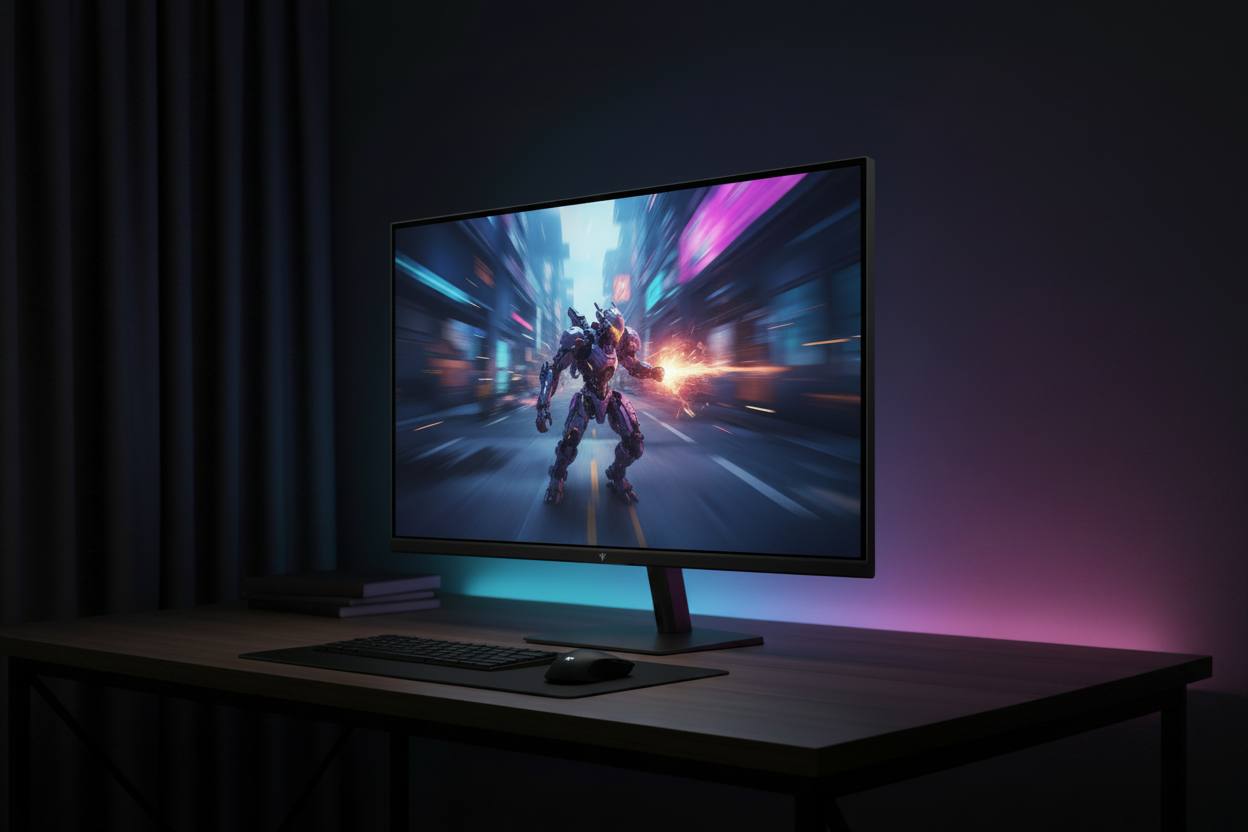 A high-performance gaming monitor displaying a smooth, tear-free first-person shooter game in a dimly lit room with vibrant RGB ambient lighting.