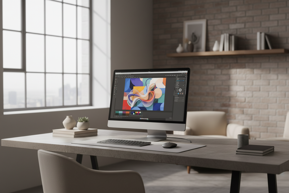A professional monitor on a creative desk showing color-accurate design software in a modern studio.