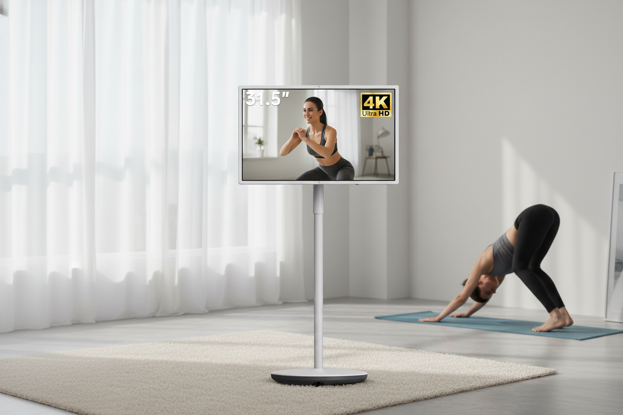 A large portable touchscreen monitor in a bright home yoga setup with a person following a workout on the screen.