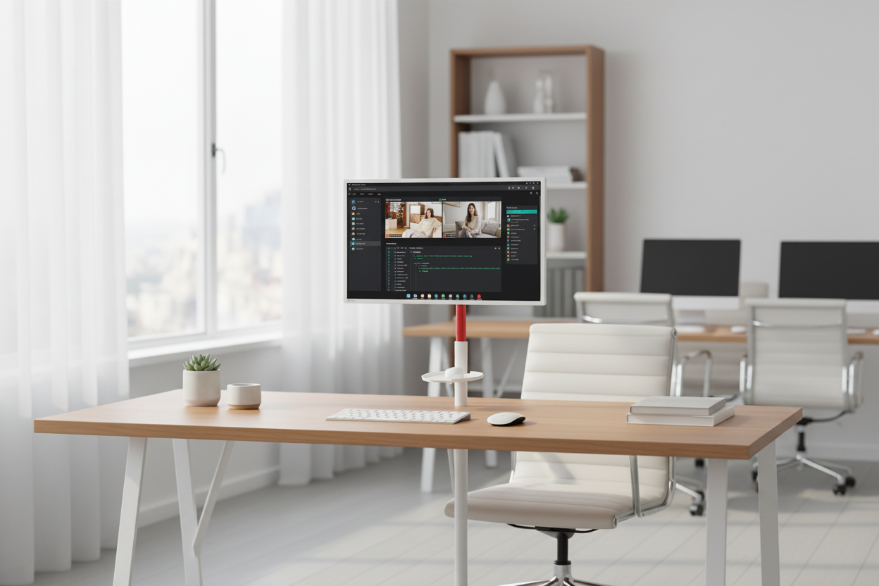 A large smart monitor on a modern desk in a bright office environment, set up as a workstation with a wireless keyboard and mouse.
