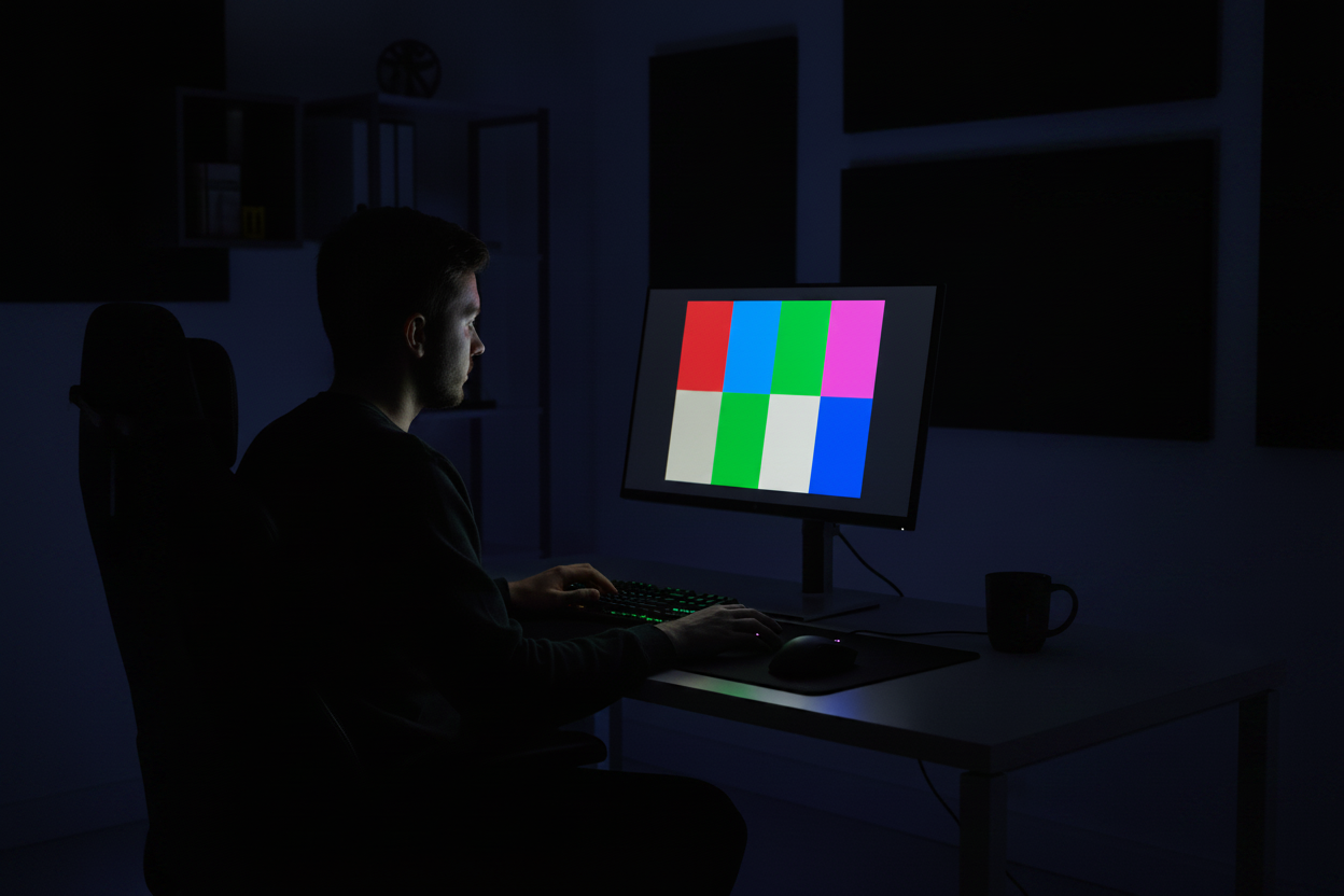 A person in a dimly lit home office testing a high-quality computer monitor displaying a vibrant color grid test pattern.