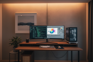 A clean dual-PC workstation featuring a large ultrawide monitor displaying two different computer desktops side-by-side, with a keyboard and mouse on a tidy desk.