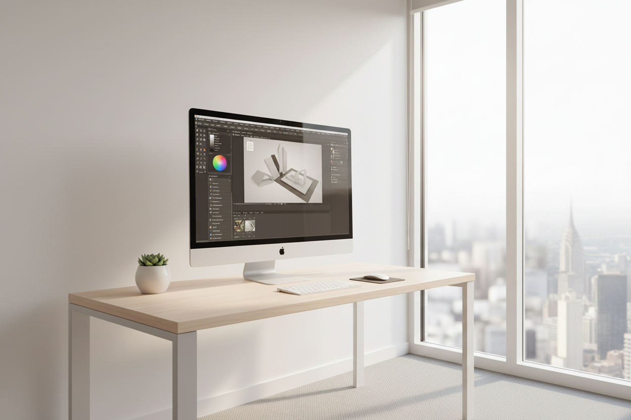 A high-resolution monitor on a clean, modern desk in a professional workspace, displaying sharp design software and crisp typography.