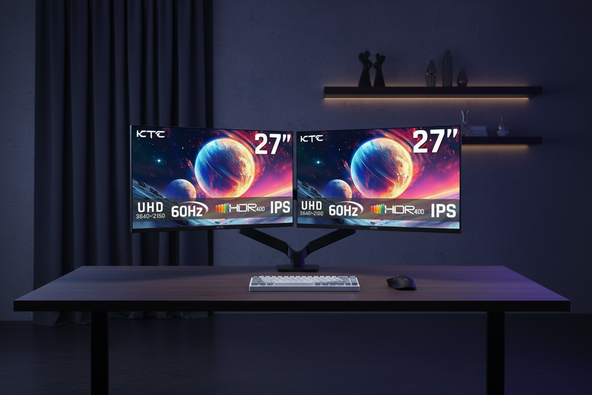 A clean and minimalist gaming setup featuring dual KTC monitors mounted on VESA arms with no visible cables, showcasing a high-end modern aesthetic.
