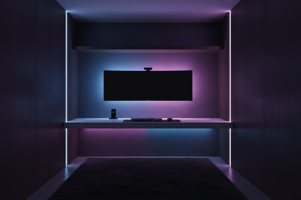 A large curved ultrawide gaming monitor wall-mounted above a clean desk in a dark room with RGB lighting.
