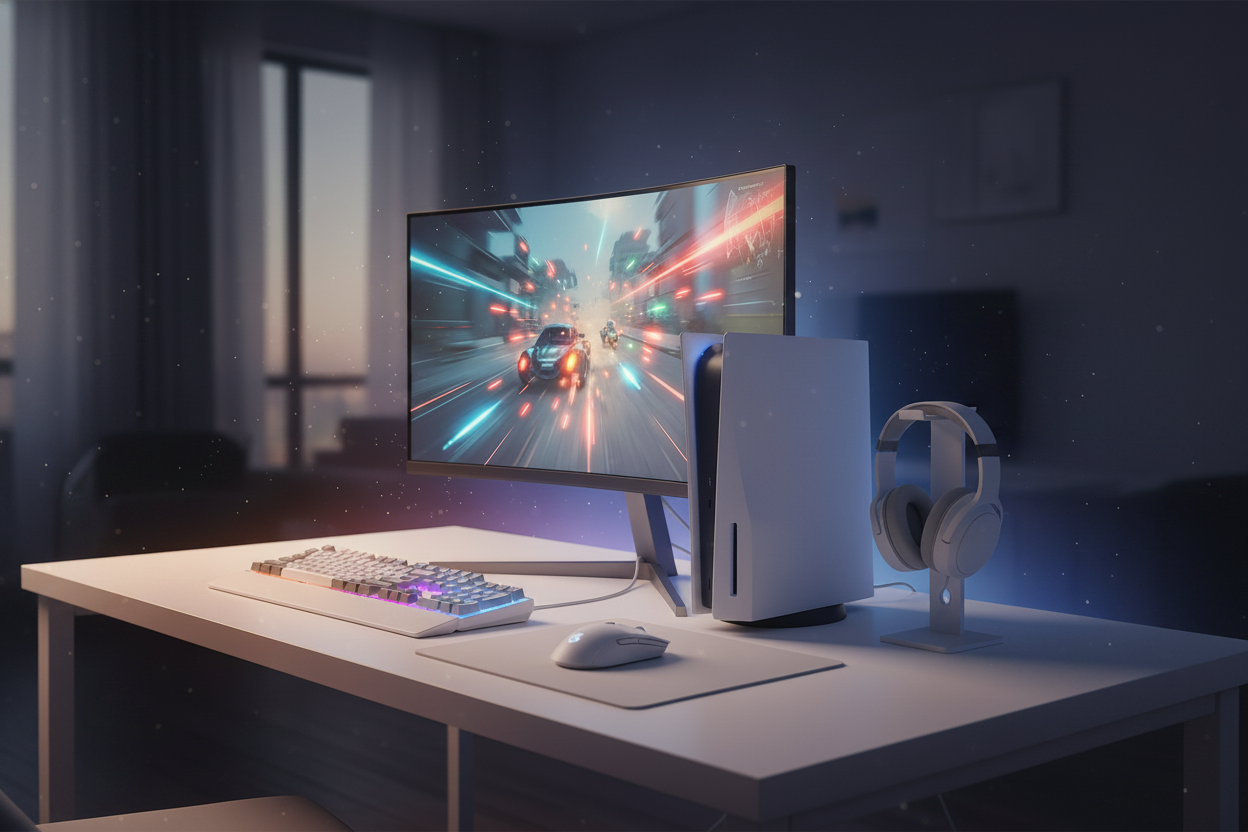 A high-performance gaming setup featuring a white console and a sleek monitor displaying fluid, high-refresh-rate gameplay.