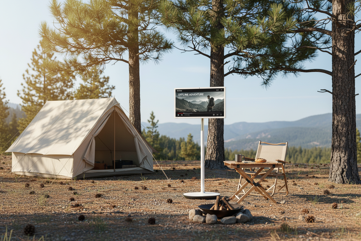 A portable KTC MegPad smart monitor displayed in an outdoor travel setting without any visible WiFi router or cables, showing offline media playback on screen