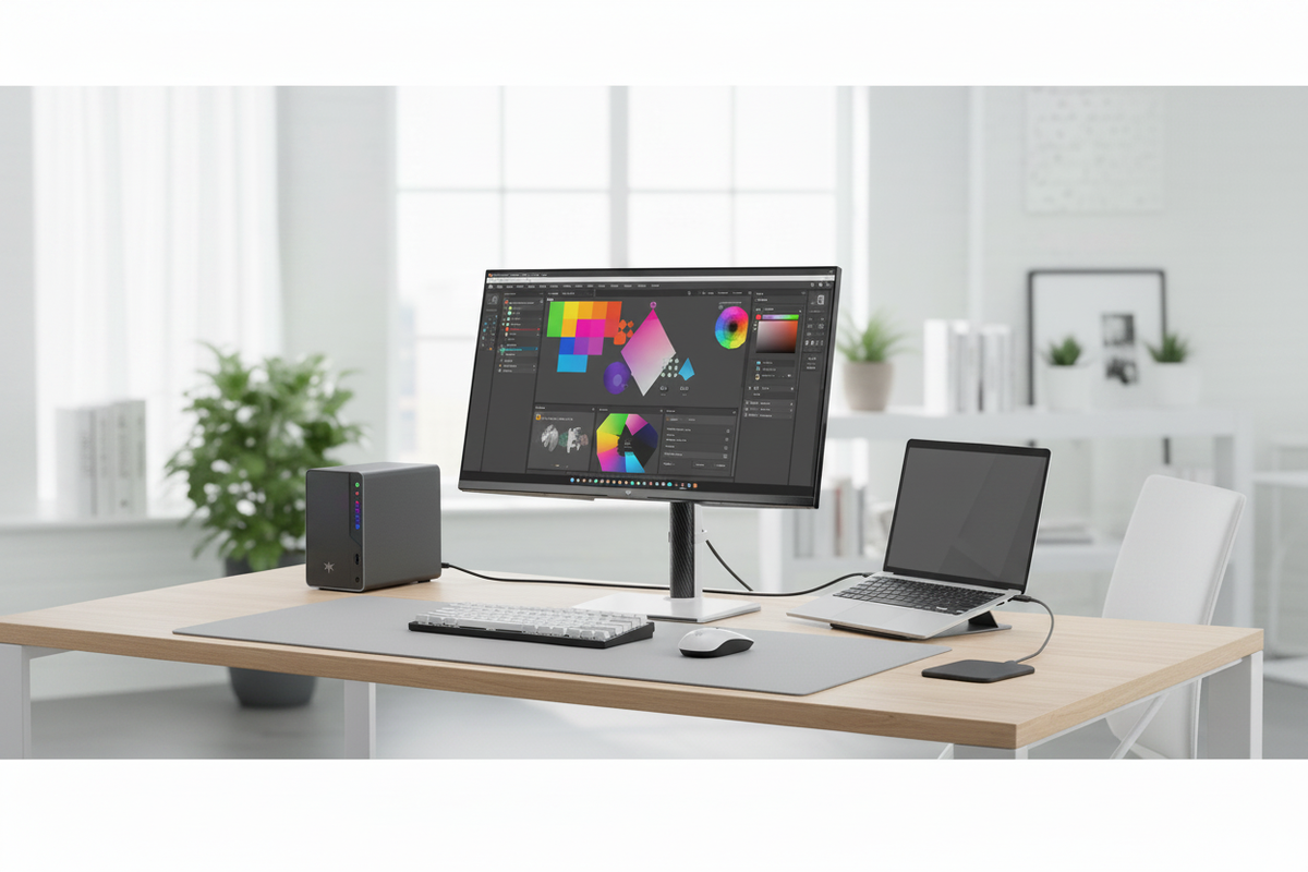 Professional creative workspace with a compact desktop computer and a laptop connected to a high-resolution monitor displaying vibrant content